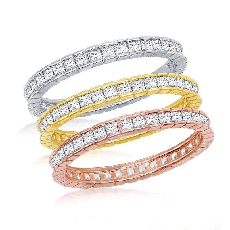 Rings with raw topaz for icy charm -Sterling Silver Tri-Color Channel-Set Baguette CZ Eternity Triple Band Ring