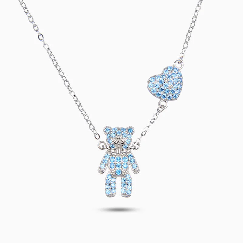 Unique necklaces and pendants with engraved messages for a sentimental gift-Bear Heart Sky Blue Necklace