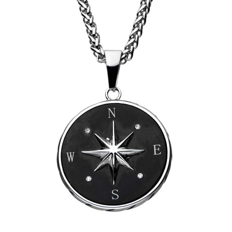 Best necklaces and pendants with butterfly pendants for a delicate, light style-Mens Compass Necklace in Stainless Steel with Black Ion Plate