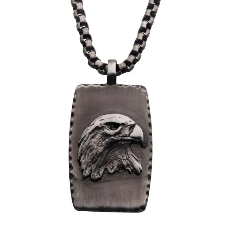 Unique necklaces and pendants with artistic shapes for a creative, one-of-a-kind design-Mens Eagle Dog Tag Necklace in Stainless Steel with Gun Metal Ion Plate