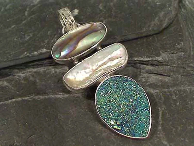 Beautiful necklaces and pendants with layered chains for a fashionable, chic look-Druzy, Abalone, Biwa Pearl, .925 Pendant