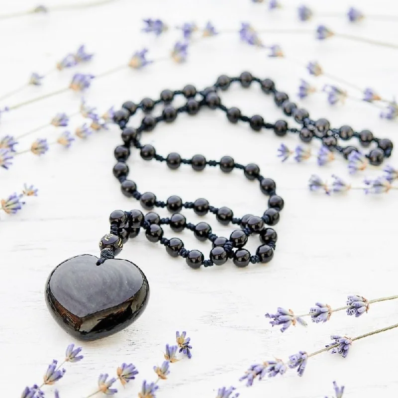 Necklaces and pendants with engraved messages for a deeply personal, sentimental gift-Obsidian Heart-Shaped Stone Necklace Pendant