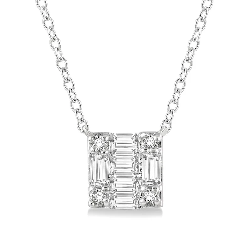 Beautiful necklaces and pendants with diamond halo settings for extra brilliance-Round and Baguette Diamond Necklace in 10kt White Gold (1/10ct tw)